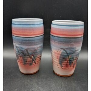 Vintage 1994 Signed Studio Pottery Tumbler Set/2 Abstract Landscape 6"